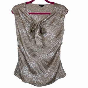 Ann Taylor Leopard Silk Pussy Bow Cap Sleeve Top